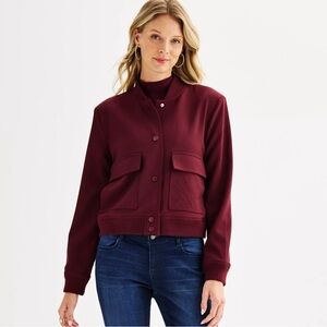 Women's Nine West Burgundy Patch Pocket Bomber Jacket